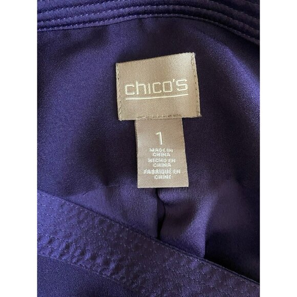 COPY - Chico's Blouse 1/Medium Purple Satin Trim V-Neck Long Roll Tab Sleeve Sh… - Picture 6 of 9